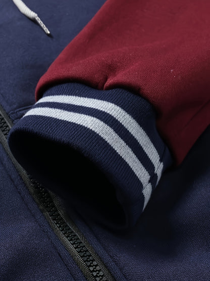 Men's 2025 Autumn East New Zipper Hoodie - Black & Grey Color-Block Contrast with White Piping, Full-Zip Closure, Chest Pocket & Adjustable Hood, Casual Streetwear for Teen Boys & Young Men, Durable Everyday Outerwear