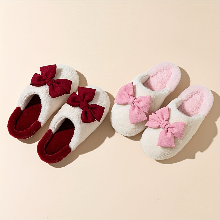 Women'S Cozy Winter Slip-On Slippers with Large Bow Detail - Soft Corduroy, Non-Slip TPR Sole, Warm Fabric Lining for Indoor Comfort, Cute Slippers