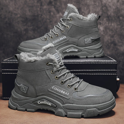 Men's Mid-Calf Winter Boots with -Like Collar & Plush - Heavy-Duty PU Upper, PVC Sole, Lace-Up Ankle for, Outdoor, Casual & Gym - Beige/Tan (Warm Cold Weather Trekking Shoes)