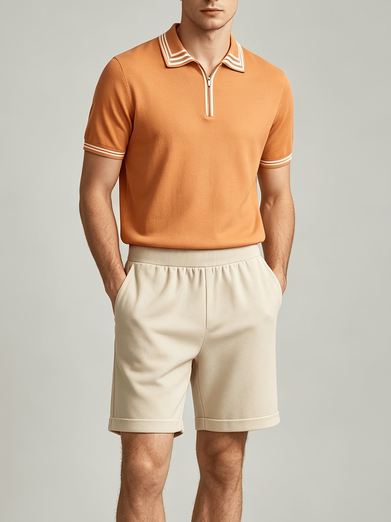 Men's Casual Striped Knit Polo & Lightweight Shorts Set