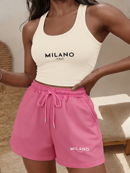 Women's Casual Sleeveless Crop Top & Drawstring Shorts Set