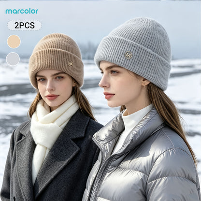 2-Pack Women's Ribbed Knit Beanie Hats with Metal Badge