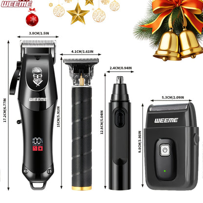 WEEME 4pcs Professional Hair Clipper Set for Men, Cordless Barber Clippers and Trimmer Kit, Electric Beard Trimmer and Nose Trimmer, Foil Shaver Grooming Tools, Luxury Christmas Gift Set for Him (Black) - ayq