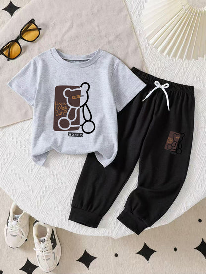 Boys' Cotton Bear Print Summer T-Shirt & Pants Set