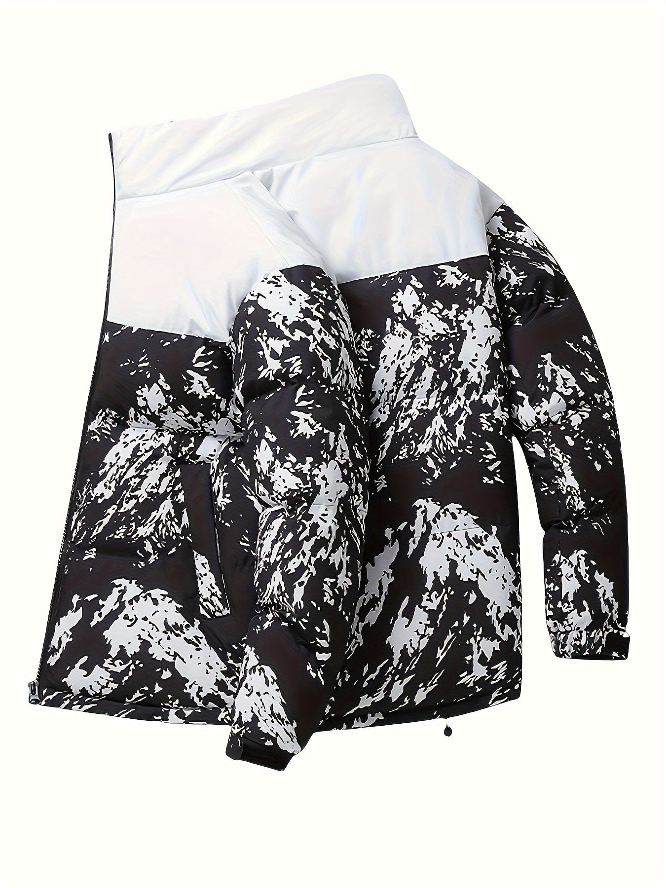 Men's Winter Jacket Windproof Coat with Stand Collar & Camo Marbled Pattern (Black/White/Grey) - Thickened Padded, Full-Zip Closure, for Skiing,, Outdoor Activities - Cold Weather Survival