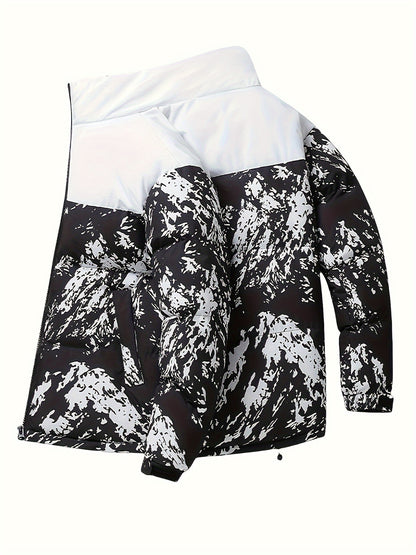 Men's Winter Jacket Windproof Coat with Stand Collar & Camo Marbled Pattern (Black/White/Grey) - Thickened Padded, Full-Zip Closure, for Skiing,, Outdoor Activities - Cold Weather Survival