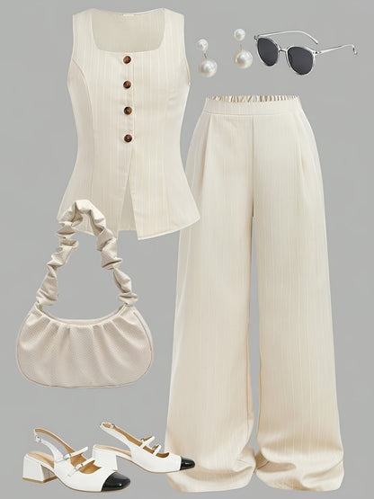 Girls' Striped Button Sleeveless Top & Pants Set for Summer
