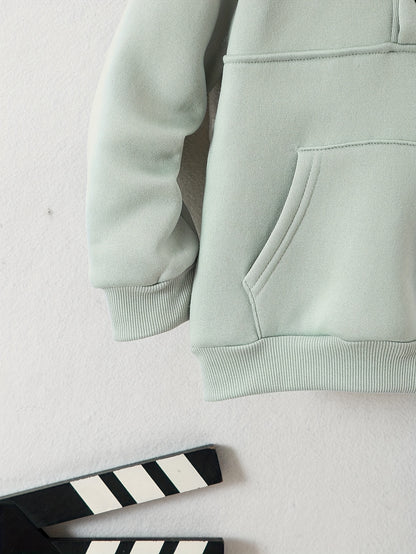 Boys' Cozy Fleece-Lined Hoodie & Sweatpants Set - Olive Green Casual Winter Outfit with Pockets, Thick Warmth for Fall & Winter, Regular Fit, Casual Attire, for Outdoor