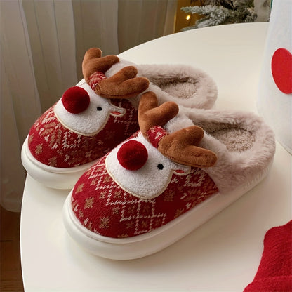 XIXITIAO Women's /Korean Style Winter Slippers - Deer & Reindeer Pattern Cozy Warm Booties, Soft Fabric & Sole for Indoor/Outdoor Use, Cute Animal Shoe for Christmas, Hand Washable