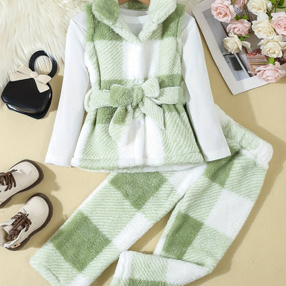3pcs Plush Set Girl's Plaid Teddy Vest + Long-Sleeve Top + Teddy Pants, Casual outdoor Style Girls Winter/ Fall Clothes, Gift