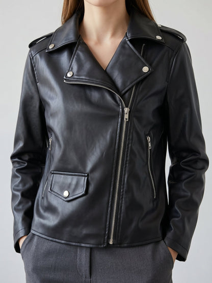 European Women's Lightweight PU Zip Jacket for Spring & Autumn
