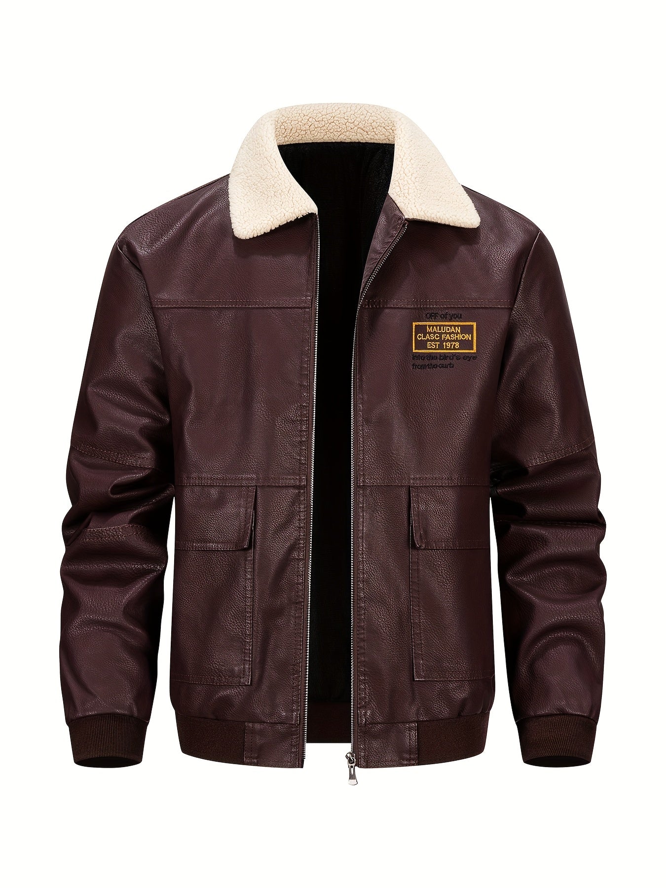 Men'S Faux Leather Bomber Jacket with Fleece Lining - Casual Motorcycle Style, Zip-Up, Long Sleeve, Drop Shoulder, Polyester Lining, Regular Fit, Outdoor & Hiking Wear, Outdoor Jacket | Bomber Jacket | Polyester Lined Jacket