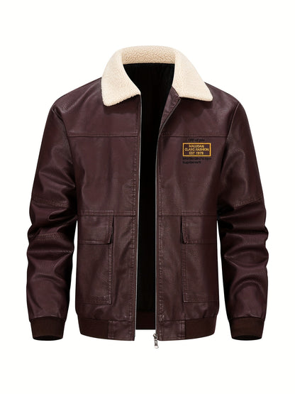 Men'S Faux Leather Bomber Jacket with Fleece Lining - Casual Motorcycle Style, Zip-Up, Long Sleeve, Drop Shoulder, Polyester Lining, Regular Fit, Outdoor & Hiking Wear, Outdoor Jacket | Bomber Jacket | Polyester Lined Jacket