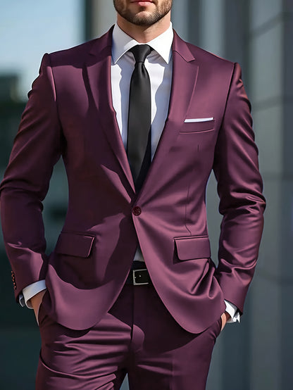Men's Casual Business Suit 2-Piece Set with Lapel Collar