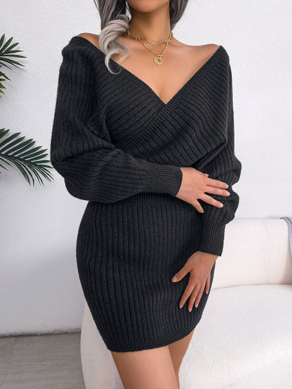 Sexy Cross V Neck Bodycon Sweater Dress, Batwing Sleeve Solid Criss Cross Neck Cross Sexy Dresses, Women'S Clothing