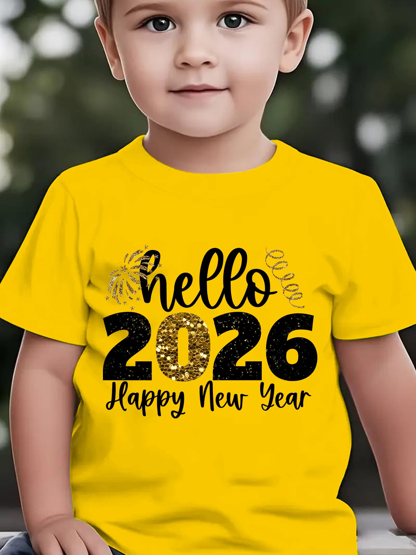 Boys' 2026 New Year'S Eve Party T-Shirt - Hello 2026 Happy New Year Fireworks Print with Golden & Lettering - Lightweight Summer Tee for Birthday Party Outfit, New Year'S Eve Celebration - Easy-care Kids Shirt, New Year T Shi
