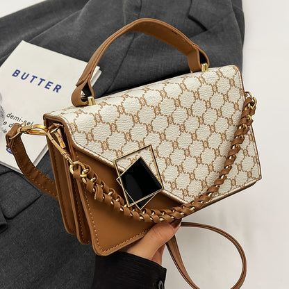 LABOONOO Geometric Chain-Link Handle Small Square Handbag - Handbag with Adjustable Strap, Zipper Closure & Polyester Lining, Deep Brown/Grey/White for Casual & Formal Occasions, Small Handbag, Versatile Purse, Decorative Cha