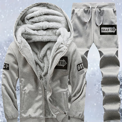 Men's "SHAN YES" Alphabet Print Fuzzy Lining Hooded Sweatshirt And Joggers Set, Warm Athletic Outfit For Running And Outdoor Fitness, Autumn And Winter