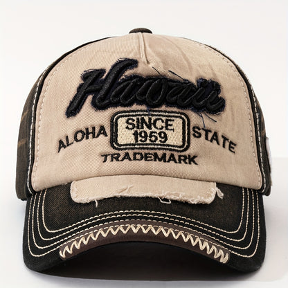 Vintage "Hawaii" Embroidered Baseball Cap - Distressed Two-Tone Design, Breathable Cotton, Adjustable Fit, Casual & Travel Hat (Beige/Black, Brown/Red, Red/White)