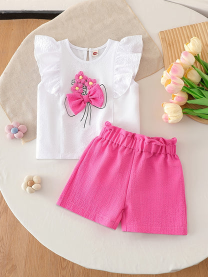 Girls' Summer Two-Piece Set with Floral Sleeveless Top & Shorts