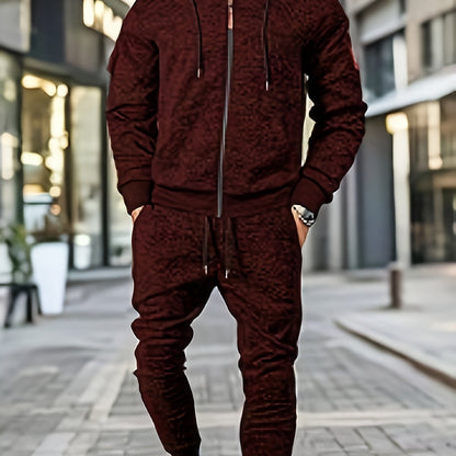 Men's Casual Sports Hoodie and Pants Set with Zipper, Drawstring, Fleece-Lined - Polyester Blend, Machine Washable