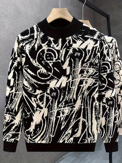 Temujin OBM Men's Fashion Trendy New Jacquard Semi-High Neck Knit Long Sleeve Pullover Sweater