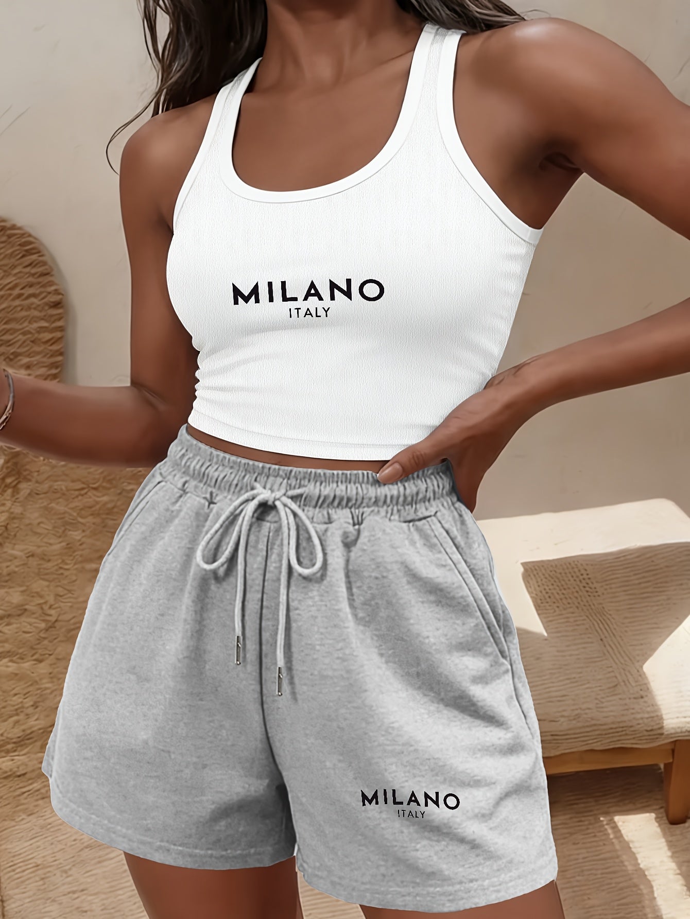 Women's Casual Sleeveless Crop Top & Drawstring Shorts Set