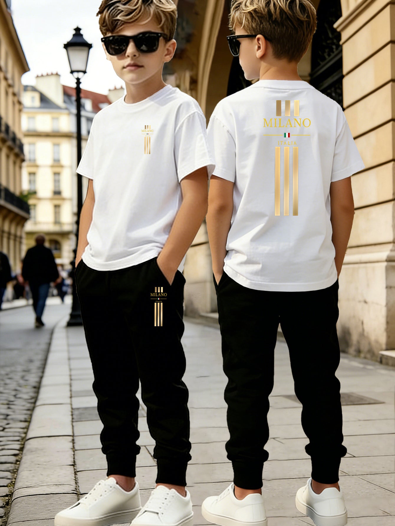 Boys' Casual Short Sleeve & Long Pants Set with Geometric Print