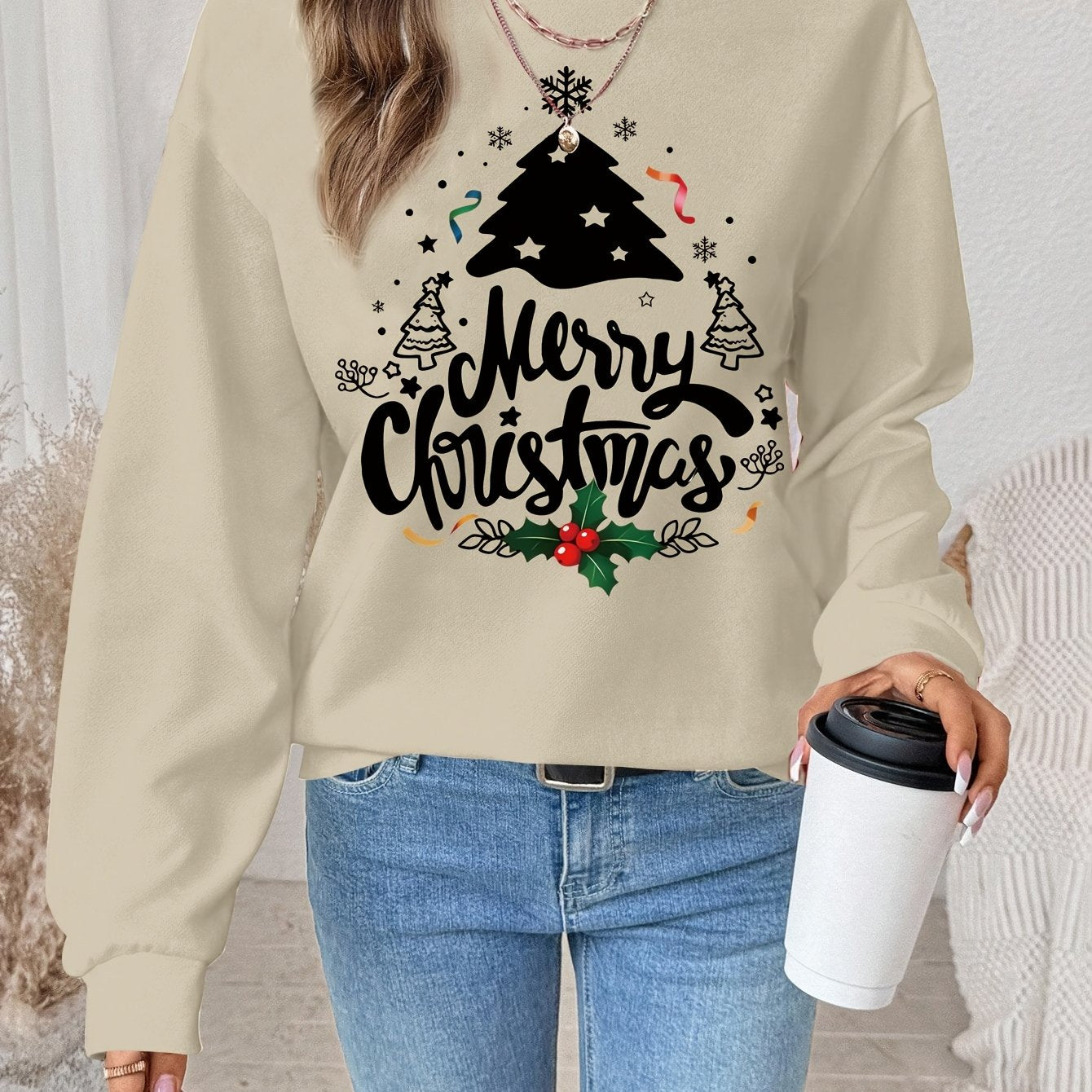 Women's Red Christmas Tree & Lettering Sweater - Cozy Winter Pullover with Round Neck Long Sleeve, Thickened Sweating-Reducing Blouse for Xmas Party Outfits, Family Gatherings (Machine Washable, Autumn/Winter Clothing)
