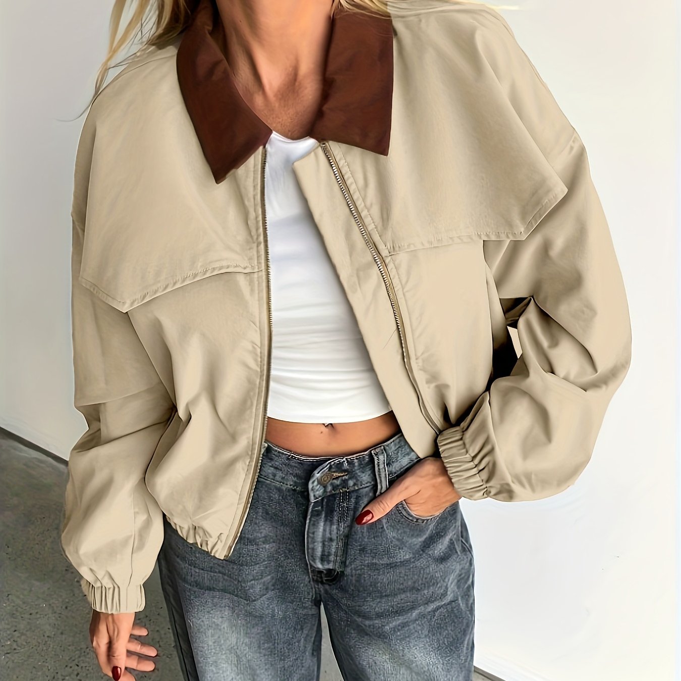Women'S Lightweight Square Neck Jacket - Beige Casual Spring/Fall Jacket with Brown Trim, Long Sleeves, and Front Pockets for Stylish Layering, Lightweight Jacket