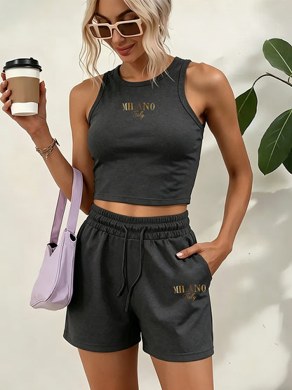 Casual Women's Two-Piece Suit with Graphic Print Vest & Shorts