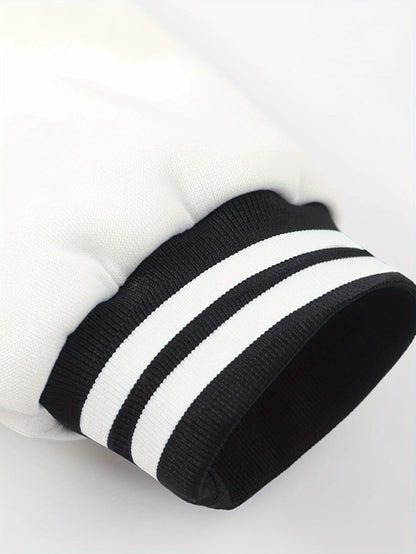 Men's Fashionable R-Letter Patchwork Casual Street Style Baseball Jacket - Polyester, Maroon & Black with White Stripes, Button Closure, with Pockets