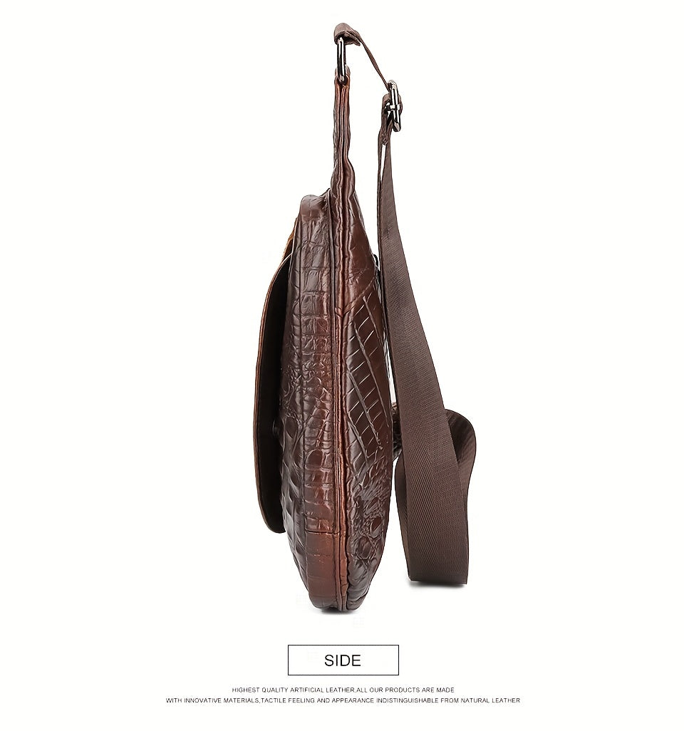 HUMERPAUL Men'S Casual Brown Leather Crossbody Bag with Alligator Print - Adjustable Strap, Multi-Compartment, Everyday Commute Shoulder Bag, Everyday Bag   Casual Style Bag   Adjustable Strap Bag