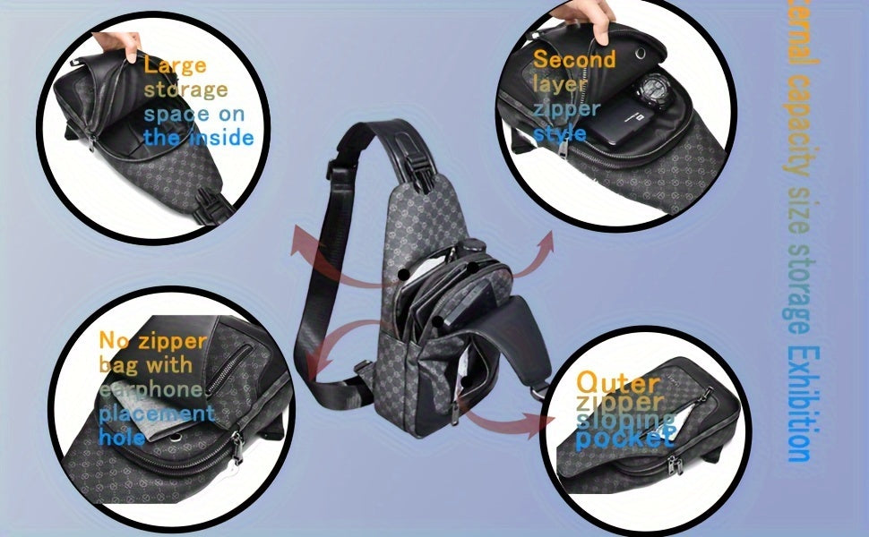 HUABUPS Men'S Crossbody Backpack - Black PVC Business Commuter Bag with USB Charging, Adjustable Strap, Multiple Compartments  Durable Design for Travel, Hiking, Daily Use - Ideal Gift for Men, Hiking Gear, Stylish Accessory