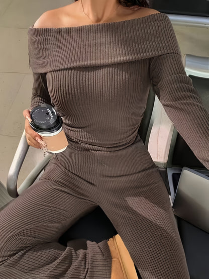 Autumn And Winter Solid Color Two-Piece Set, Sexy Off-The-Shoulder Top + Wide-Leg Flared Pants Suit, Elastic And Soft Ribbed Fabric, Machine Washable
