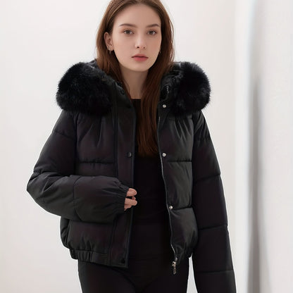 Women'S Winter Coat with Removable Faux Fur Hood - Thickened Loose Fit Long Sleeve Jacket, Zippered Pockets & Button Front, Casual Solid Color Outerwear for Cold Weather, Cozy Warmth, Buttoned Closure, Durable Fabric