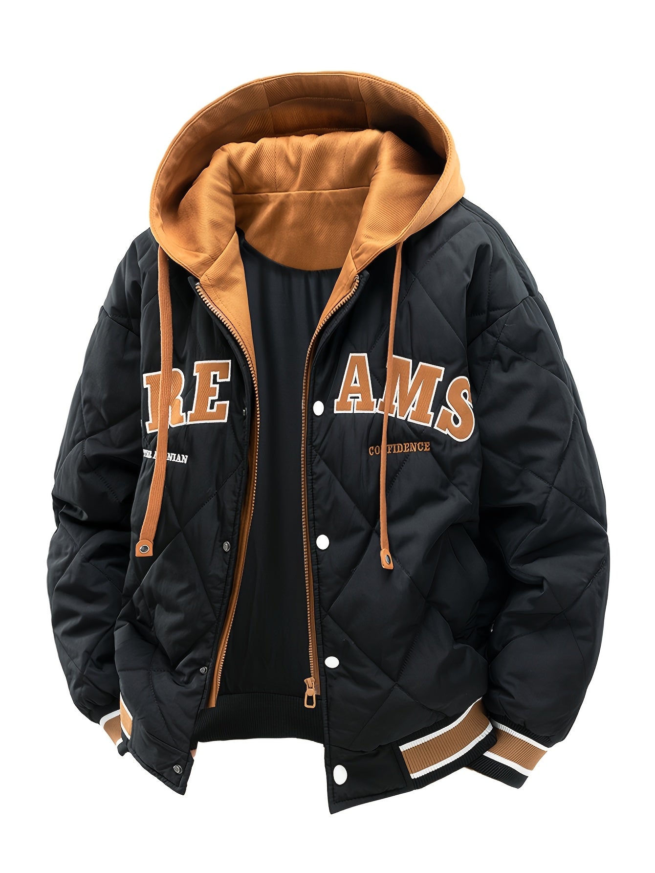 2025 New Product Men's Winter Warm Jacket with Letter Embroidery, Thickened Warm Casual Hooded Faux Two-Piece Jacket Coat for Camping, Christmas New Arrival