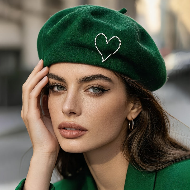 Women's Wool Beret Hat with Rhinestone Heart - Lightweight Warm