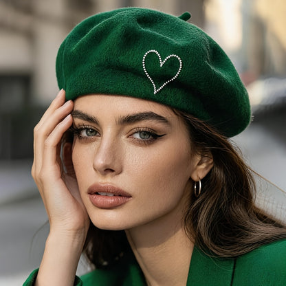 Women's Wool Beret Hat with Rhinestone Heart - Lightweight Warm