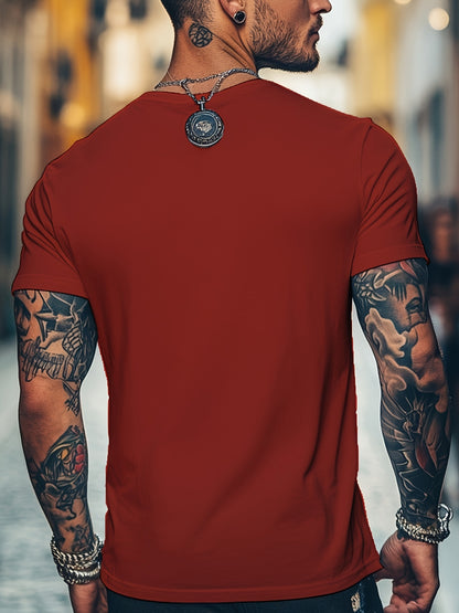 Men'S Brown T-Shirt with ECG Heartbeat Graphic - Casual Streetwear, Short Sleeve, Round Neck, Stretch Fabric, All-Season Comfort, Casual Streetwear Tee   Round Neck Tshirt   Comfortable Fit