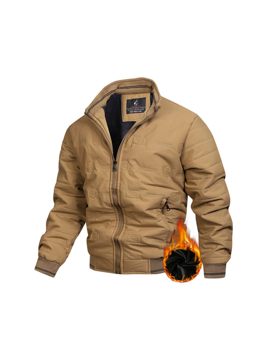 Men's Retro Winter Jacket with Detachable - Stand Collar Coat, Machine Washable Tan/Brown Outer & Black Inner, Golden-Tone Zipper Closure for Cold Weather (No-Stretch Fabric) - Casual & Formal Outerwear, Winter Clothes For Me