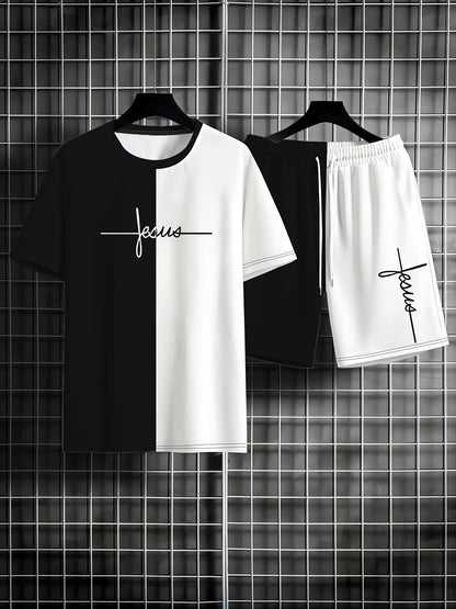 Men's Summer Fashion 2pcs Set: Gothic Wings Print T-Shirt & Shorts - Casual Beachwear, Athletic Loungewear, Machine Washable