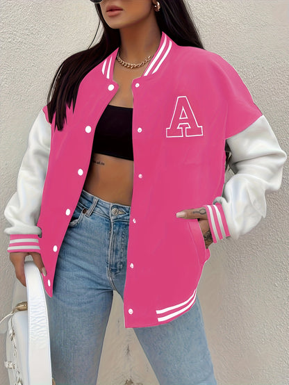 Women'S Casual Long Sleeve Baseball Jacket with "A" Letter Detail - Black & Beige Two-Tone Design, Button-Up Front, Flap Pockets, Fall/Winter Fashion Outerwear, Autumn Winter Apparel | Buttonup Jacket | Functional Pockets