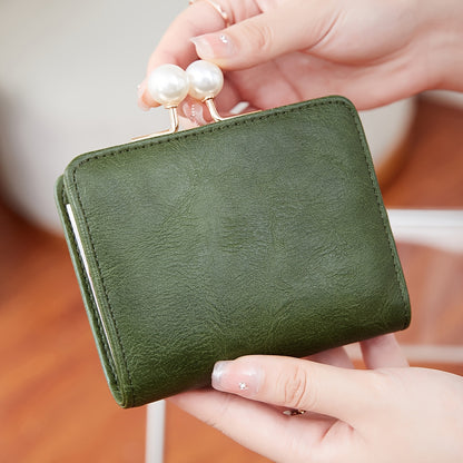 Women's Wallet Short Compact Three Layer LargeCapacity Retro Pearl Wallet High Quality PU Multi Card Seat/Coin ZeroWallet