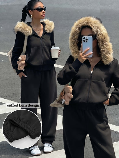Women's Casual Polyester Hoodie & Wide-Leg Pants Set - ayq