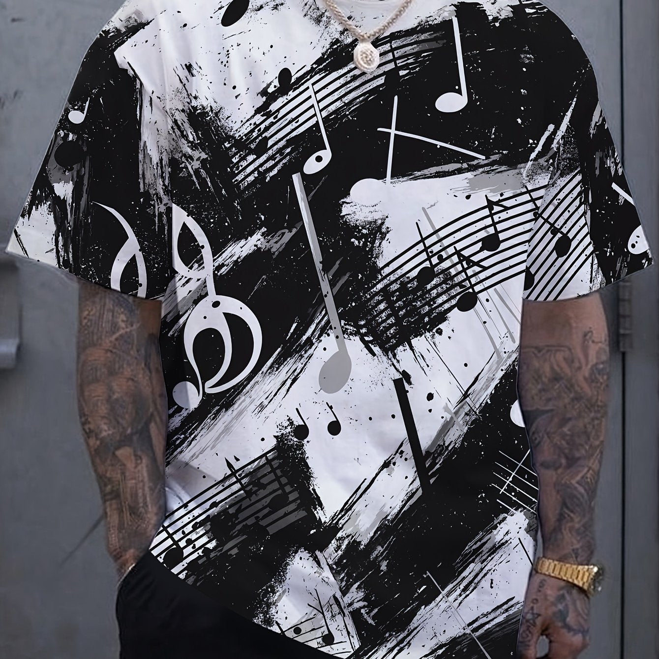 OBM Men's Casual Short Sleeve T-Shirt - Music Note  Splatter Print Design, 100% Polyester, Breathable Summer Tee, Regular Fit, Machine Washable, Musicthemed Apparel, Smooth Texture Fabric