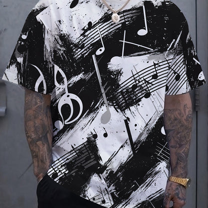 OBM Men's Casual Short Sleeve T-Shirt - Music Note  Splatter Print Design, 100% Polyester, Breathable Summer Tee, Regular Fit, Machine Washable, Musicthemed Apparel, Smooth Texture Fabric