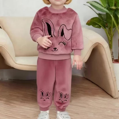 Adorable Cartoon Rabbit Embroidered Two-Piece Set for Youngsters - Soft Coral Fleece Outfit with Matching Pants, Perfect for Fall/Winter Casual Wear, Youngsters'S Playwear|Playful Design|Stretchy Fabric, Youngsters Girl Cloth