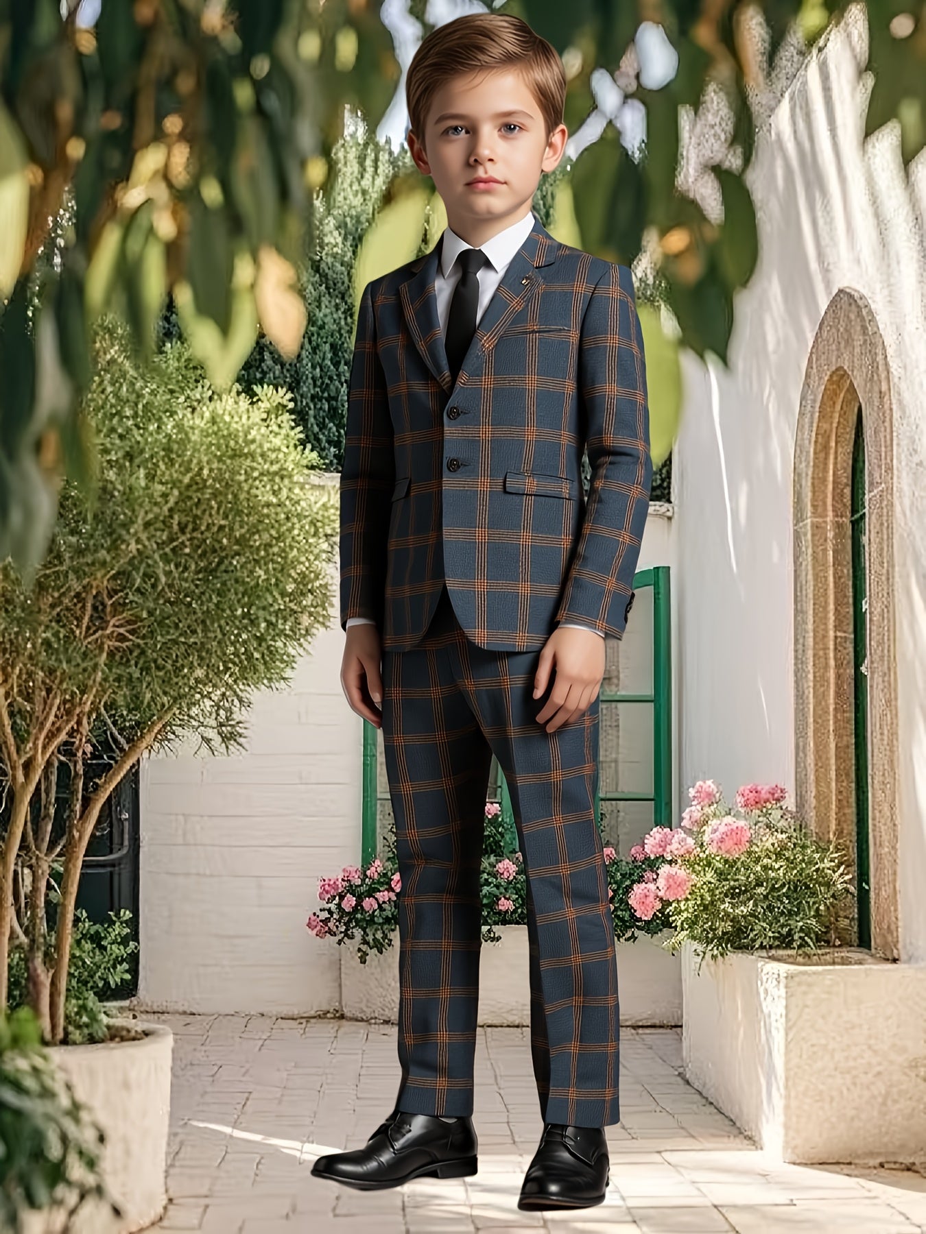 Boys' Plaid Two-Piece Suit Regular Fit Business Casual