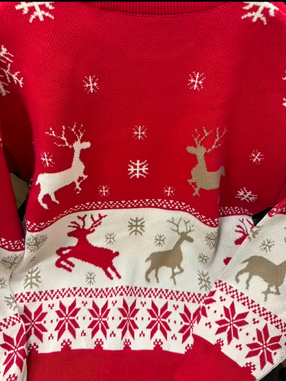 Women's Elegant Red & White Winter Sweater with Nordic Reindeer & Snowflake Pattern - Cozy Sweater for Christmas, New Year's Eve, Valentine's Day - Machine Washable Long Sleeve Round Neck Sweater in Red, White, Brown & Black
